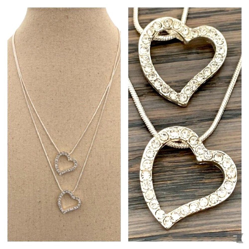 2 Heart Pendant Necklace Set - Rhodium Plated with Swarovski Crystals